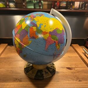 Vintage Ohio Art Metal Color World Globe with Zodiac Stand - 11” tall
